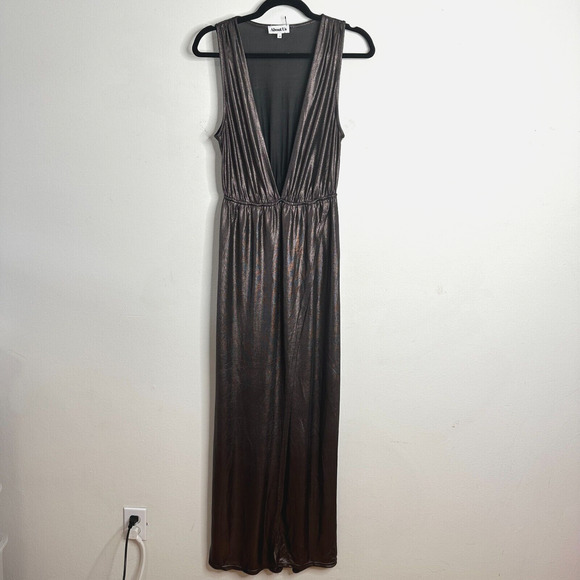 About Us Meredith Plunge Maxi Deep VNeck Sleeveless Shiny Bronze Metallic Small - Picture 3 of 16